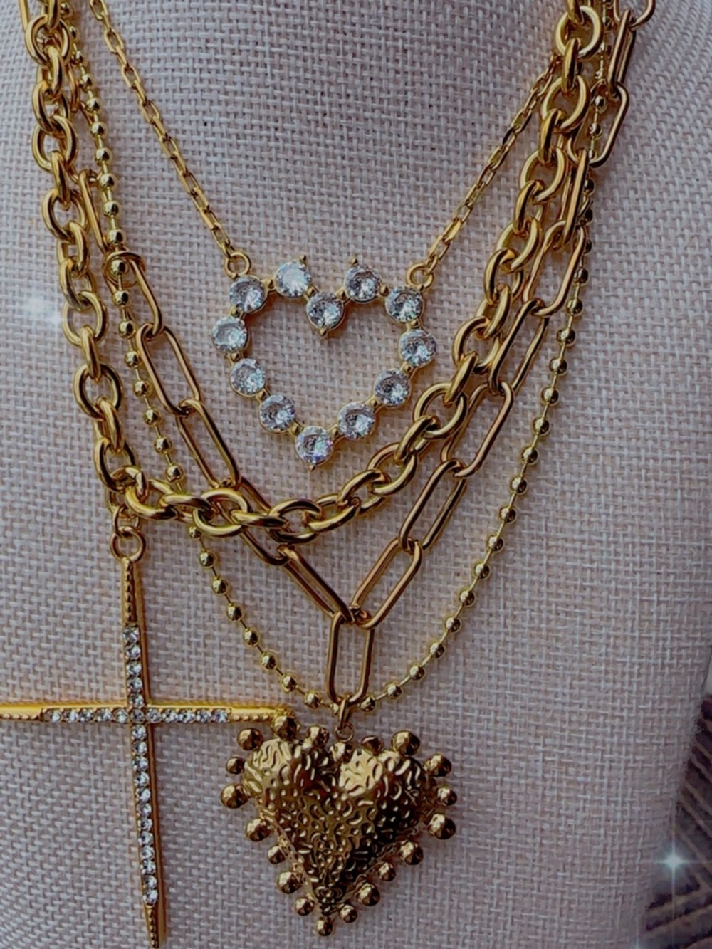 Gold Layered Heart & Cross Pendant Necklace Set - Gold